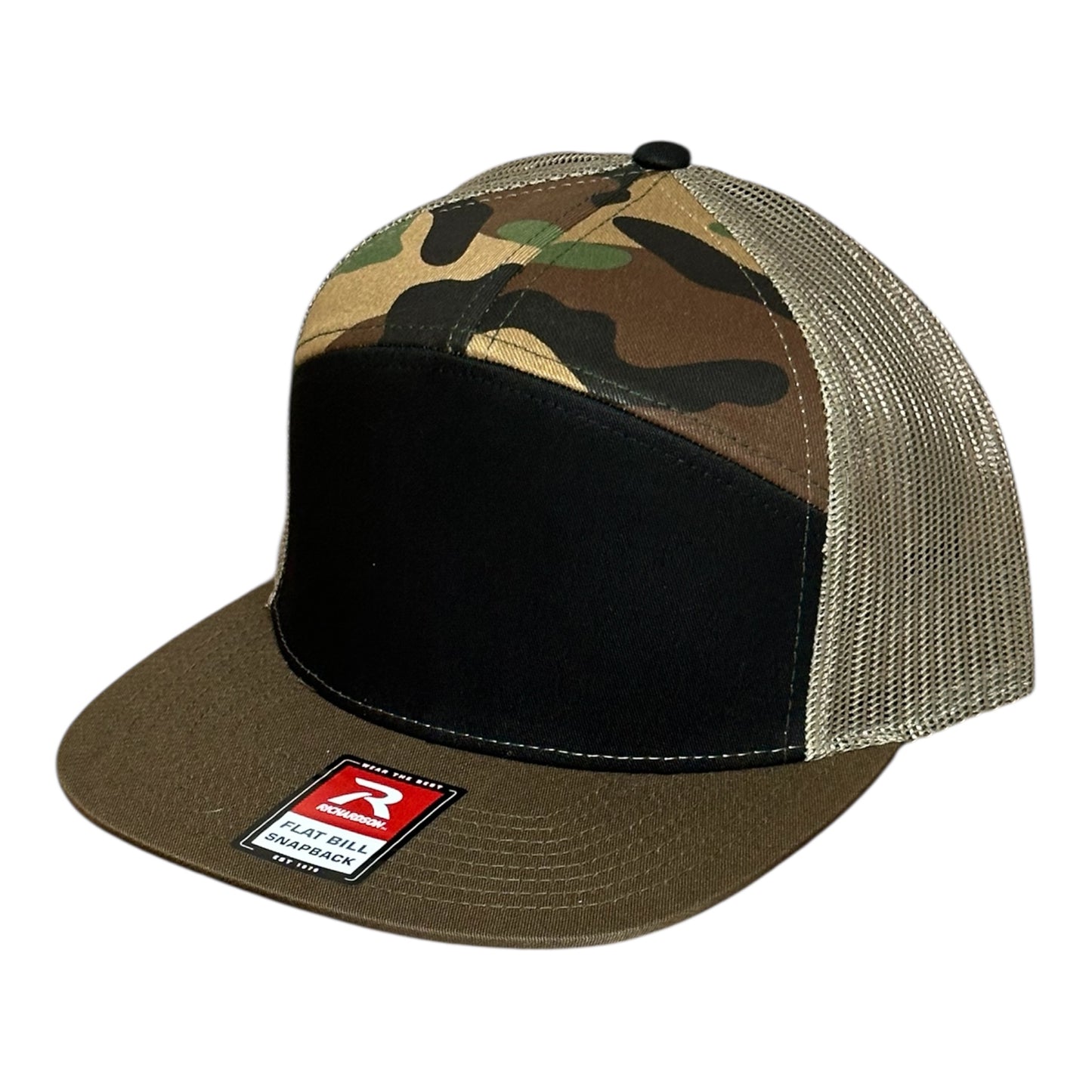 Black green and camouflage trucker hat with mesh back and brand logo label on a white background