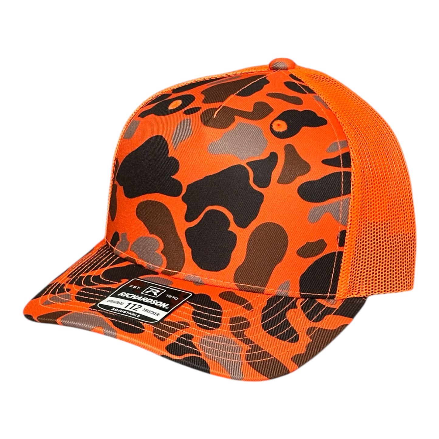 Orange camouflage trucker cap with mesh back and a visible brand logo on a white background