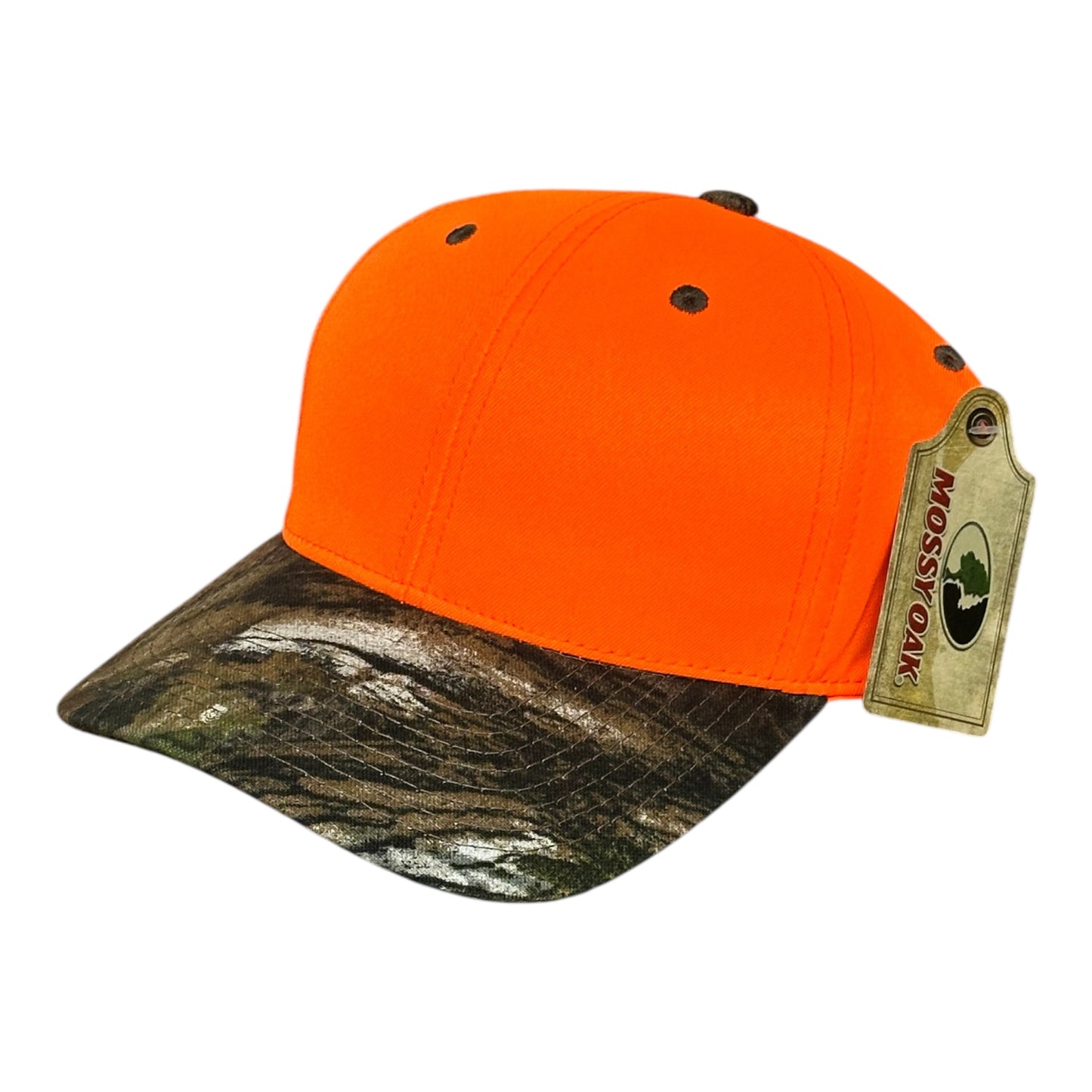 Two-tone cap with orange top and camouflage brim with Mossy Oak tag on a white background