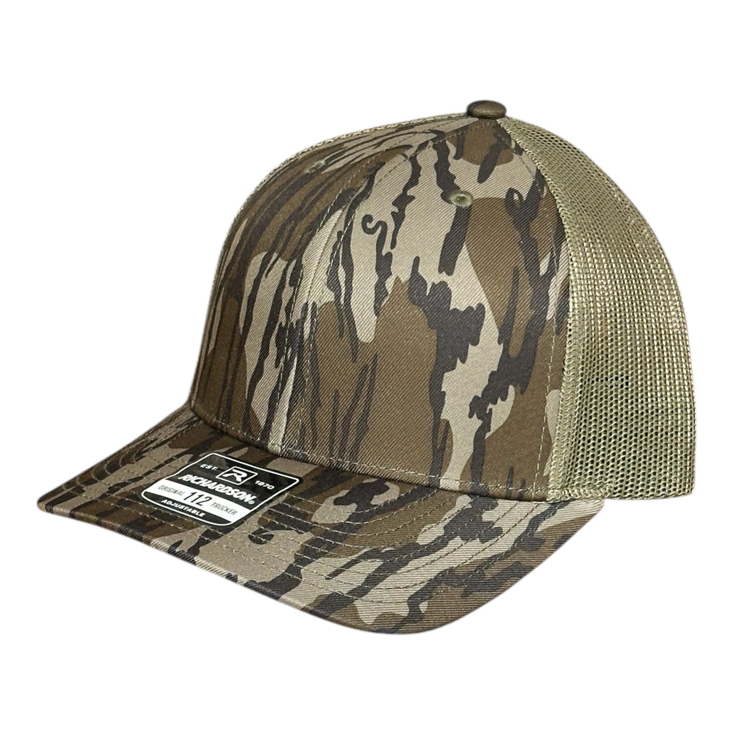 Camouflage pattern trucker cap with mesh back and a visible brand logo on a white background