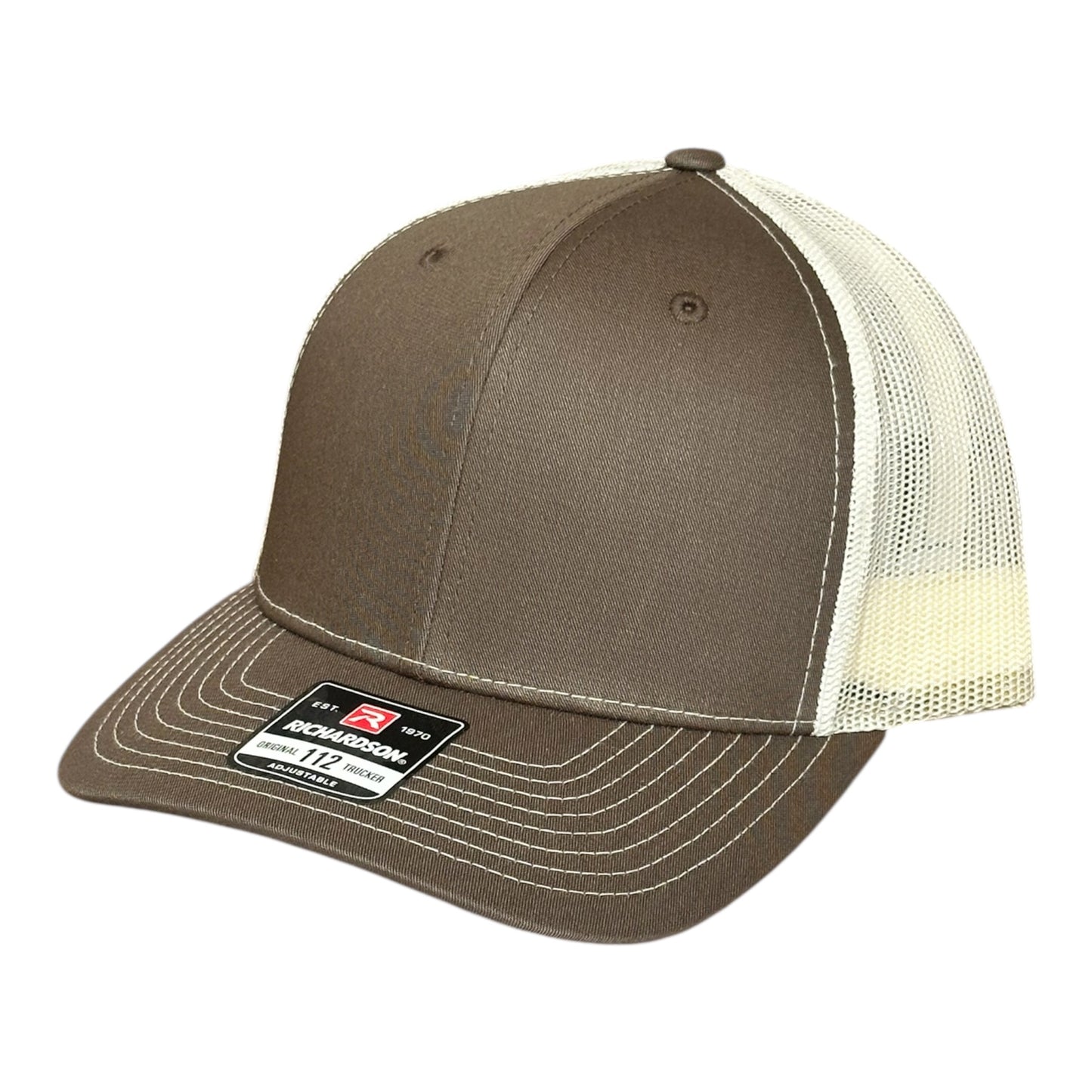 Brown trucker cap with beige mesh back and a visible brand logo label on a white background