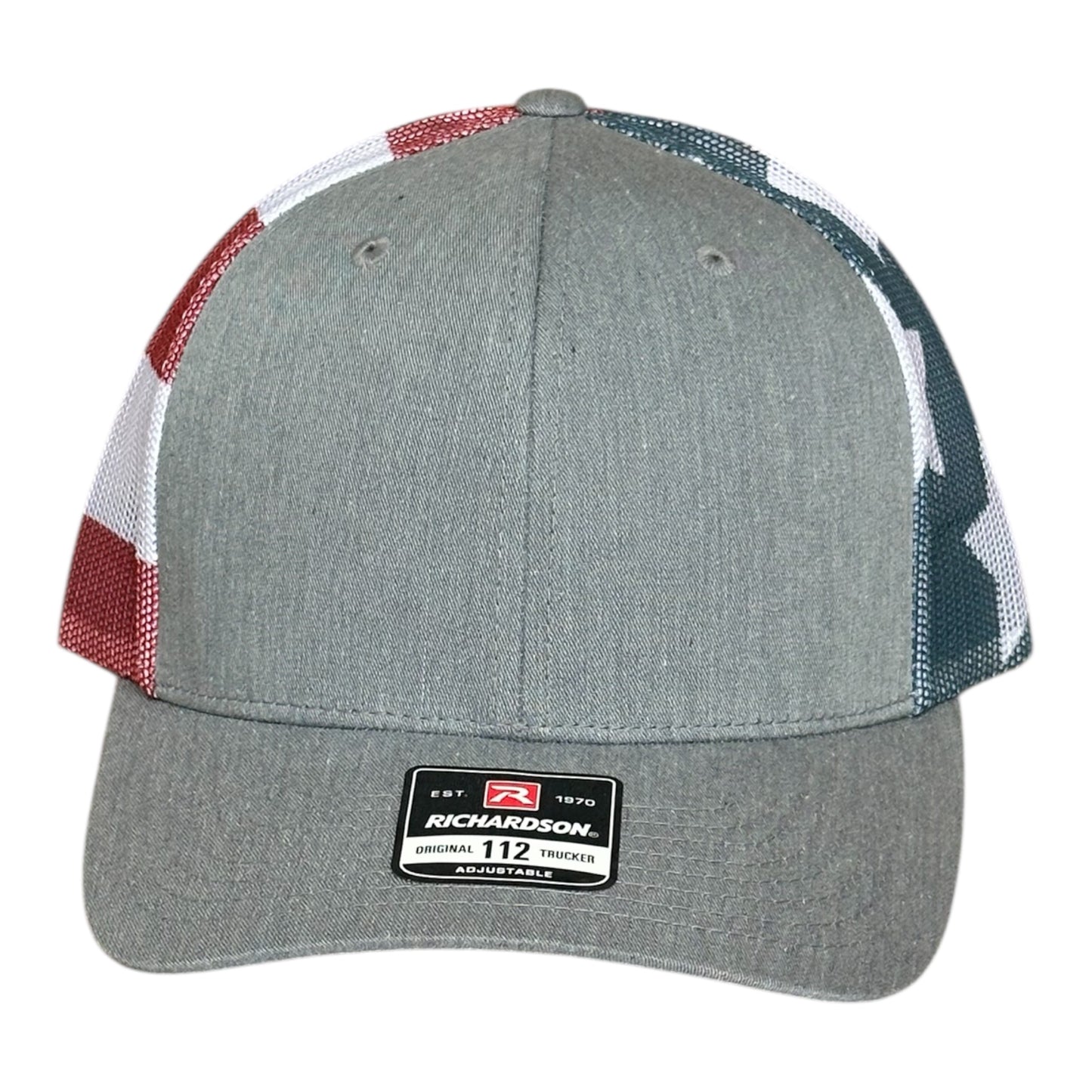 Gray trucker cap with red and white and blue mesh back and visible brand logo label on a white background