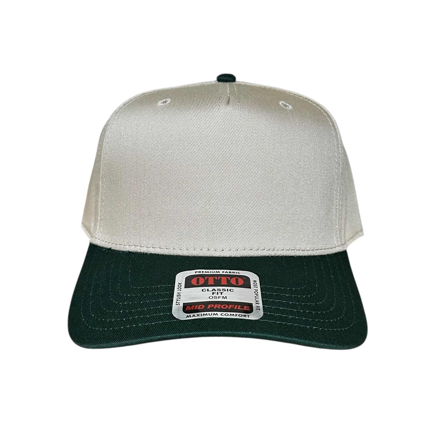 Two-tone cap with beige top and green brim and a visible brand label on a white background