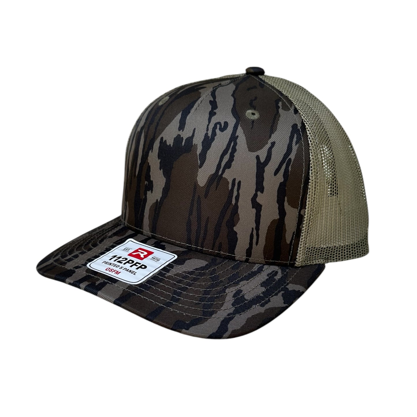 A camouflage trucker hat with a dark brown and gray camo pattern on the front panel and brim, and a muted olive green mesh back. It features a white 'Richardson' brand sticker on the brim.