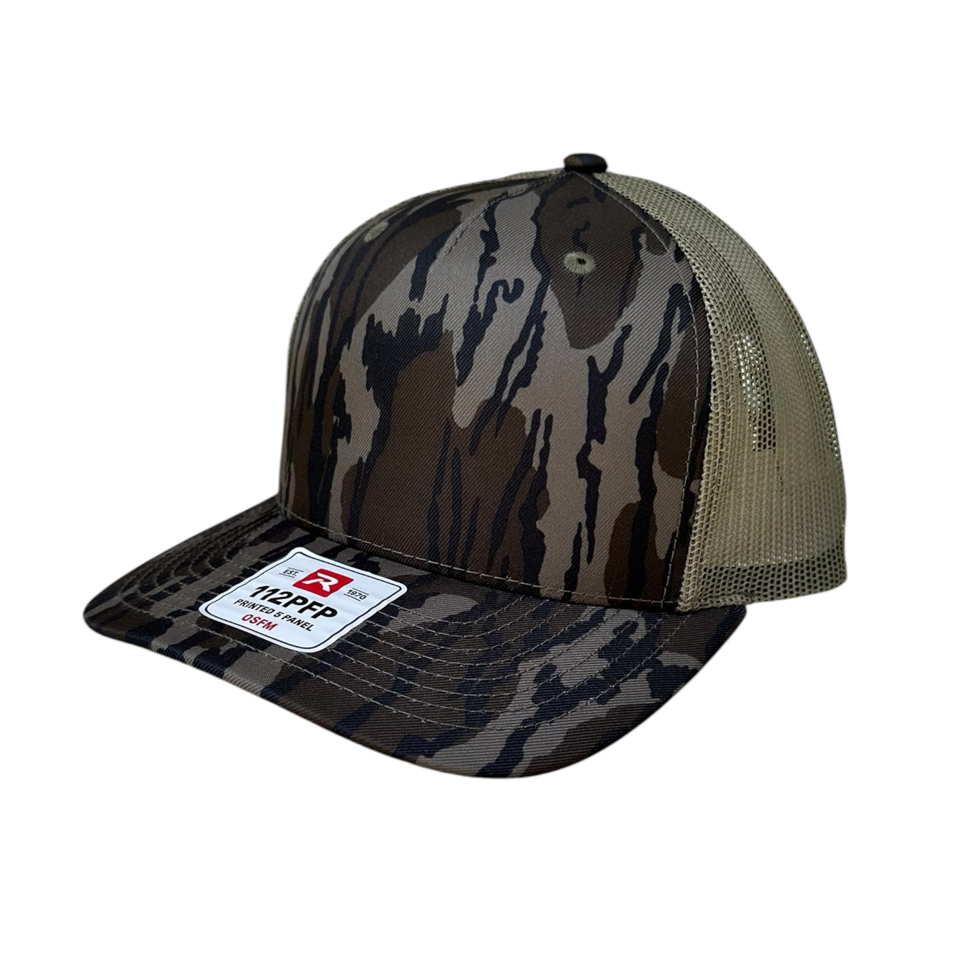 A camouflage trucker hat with a dark brown and gray camo pattern on the front panel and brim, and a muted olive green mesh back. It features a white 'Richardson' brand sticker on the brim.