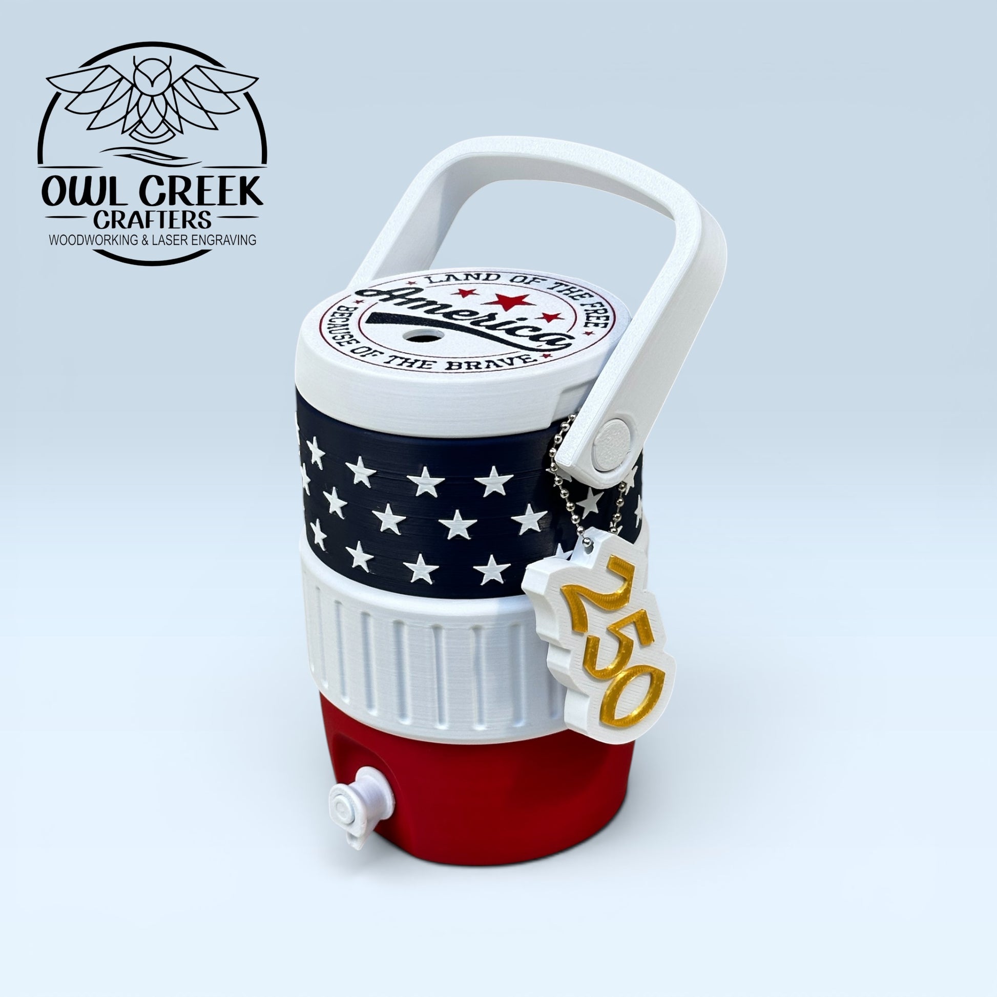American flag-themed can cooler coozie and a '250' keychain, on a light gray background with the Owl Creek Crafters logo
