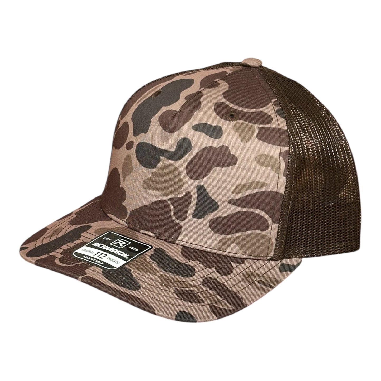 Bark Duck camouflage brown trucker cap with mesh back and a visible brand logo label on a white background