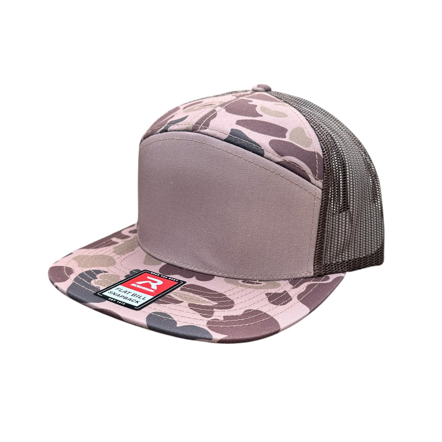 Bark Duck camouflage and brown trucker cap with a mesh back and a brand logo on a white background