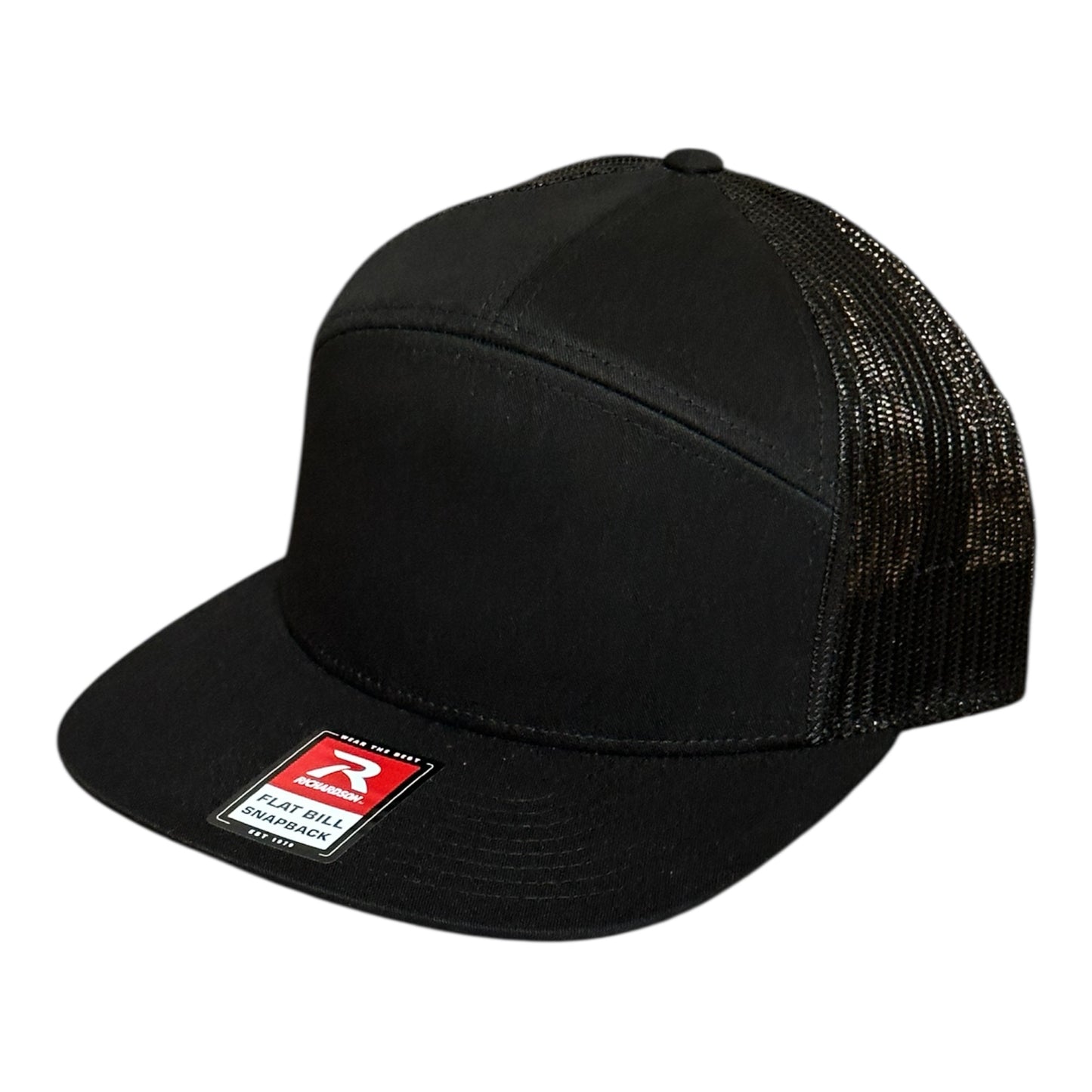 Black trucker cap with mesh back and a brand logo label on a white background