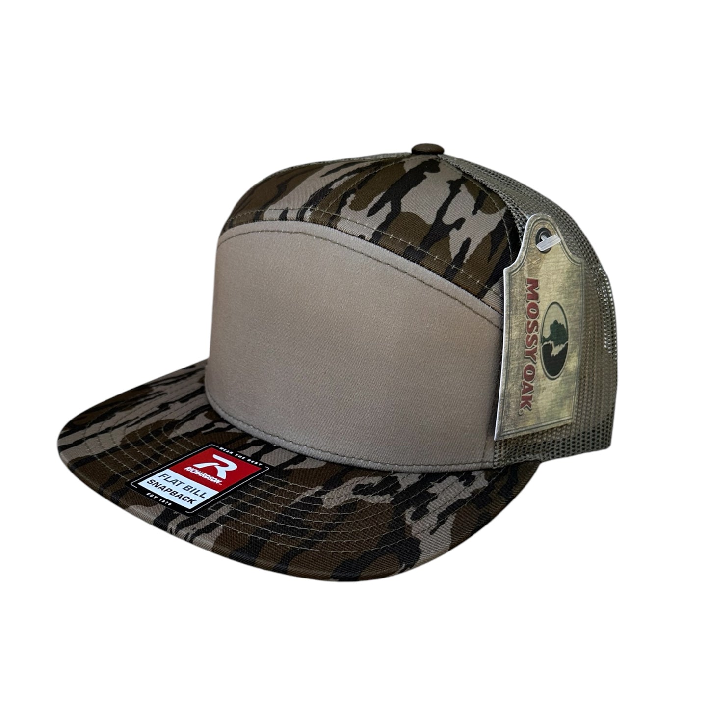 A camouflage trucker-style cap with a solid light green front panel, camouflage patterned brim and crown, and a tan mesh back. It features a 'MOSSY OAK' brand tag on the side and a red and white 'Richardson' logo sticker on the brim.