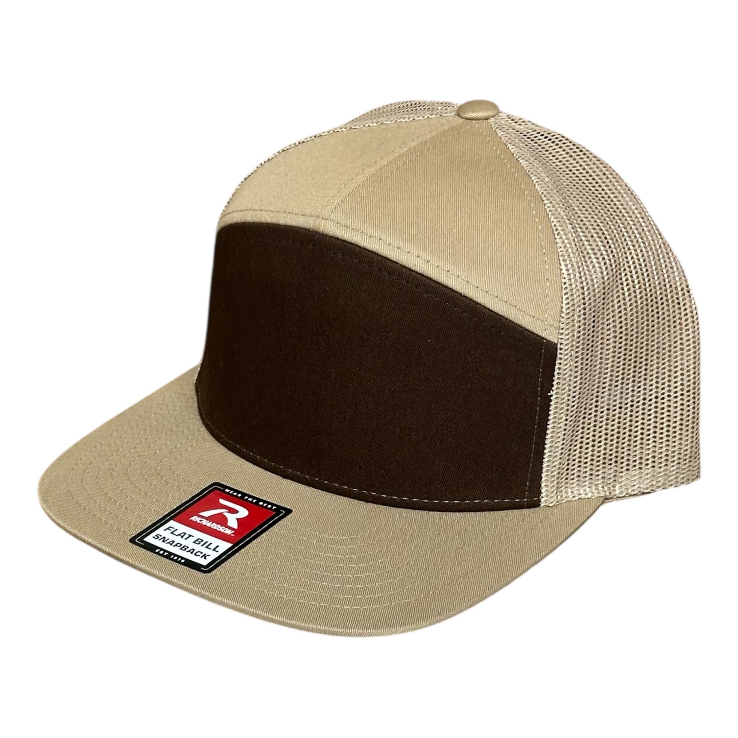 Beige and brown trucker cap with a mesh back and brand logo label on a white background