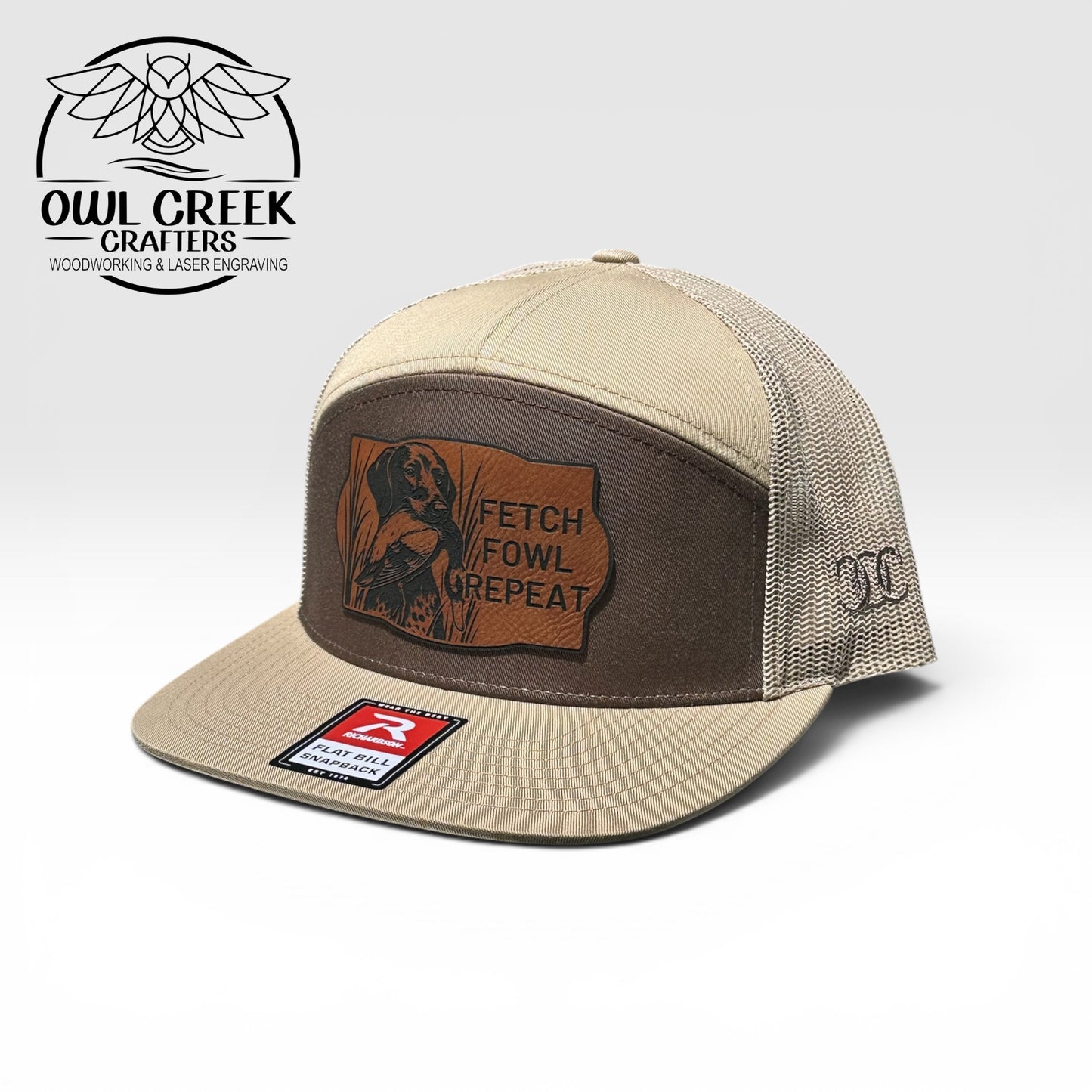 Beige and brown cap with leatherette patch and the Owl Creek Crafters logo on a white background