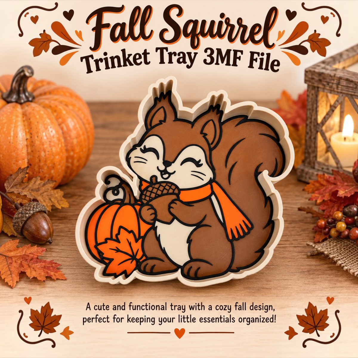 A fall-themed squirrel trinket tray design shown on a wooden surface with autumn props. The central product is a die-cut tray featuring a cartoon brown squirrel wearing an orange scarf and holding an acorn next to a small orange pumpkin. The top center reads "Fall Squirrel Trinket Tray 3MF File". The bottom center reads "A cute and functional tray with a cozy fall design, perfect for keeping your little essentials organized!".