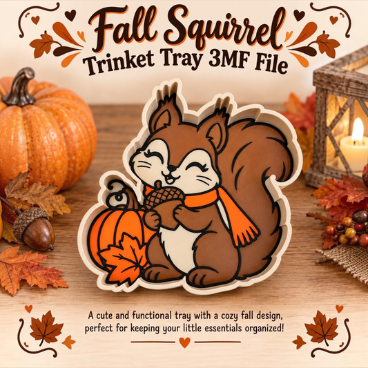 A fall-themed squirrel trinket tray design shown on a wooden surface with autumn props. The central product is a die-cut tray featuring a cartoon brown squirrel wearing an orange scarf and holding an acorn next to a small orange pumpkin. The top center reads "Fall Squirrel Trinket Tray 3MF File". The bottom center reads "A cute and functional tray with a cozy fall design, perfect for keeping your little essentials organized!".