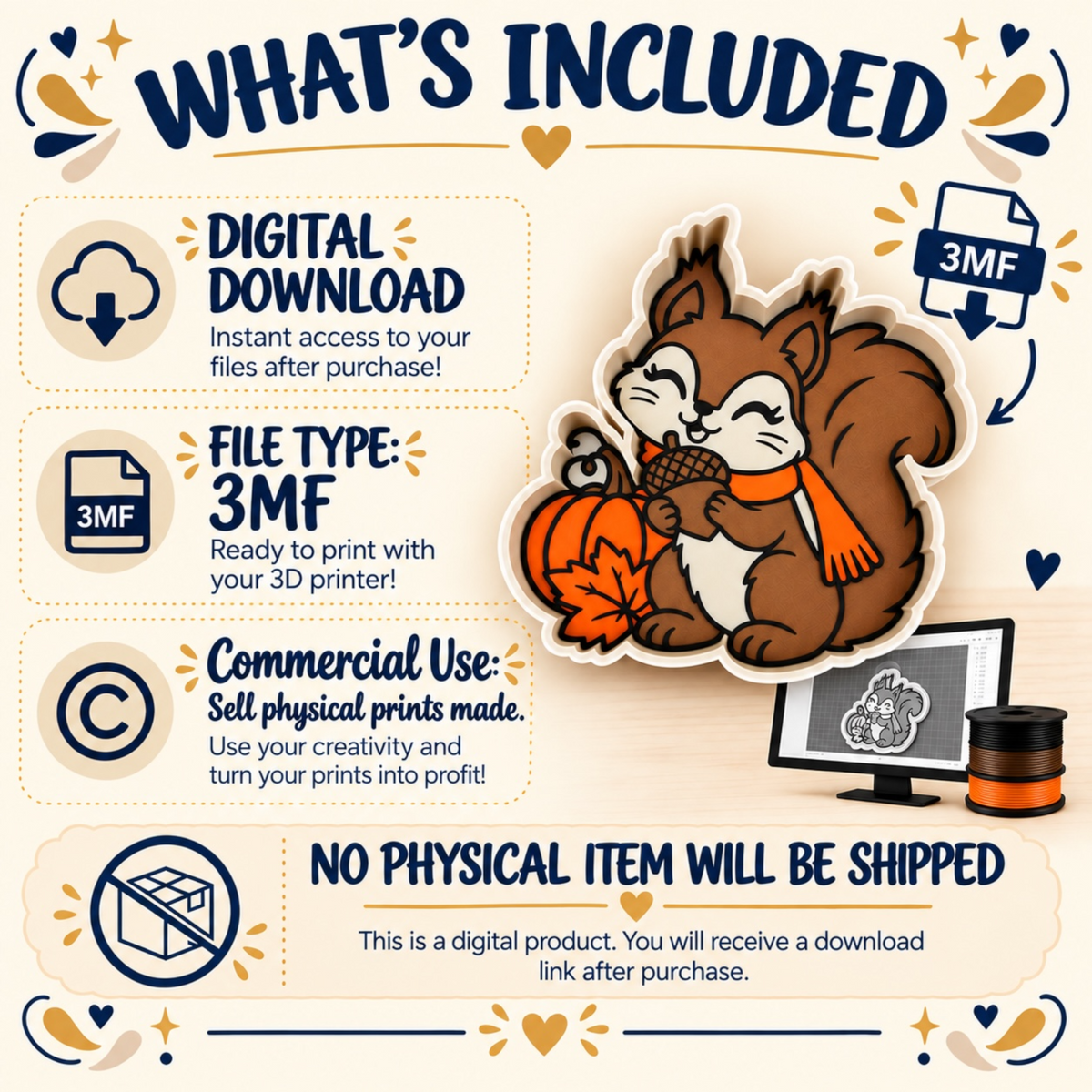 An informational graphic titled 'WHAT'S INCLUDED' for a digital 3MF print product. It features a cute cartoon squirrel holding an acorn and pumpkin on the right, alongside text explaining that this is a digital download, 3MF file type, commercial use, and no physical item will be shipped.