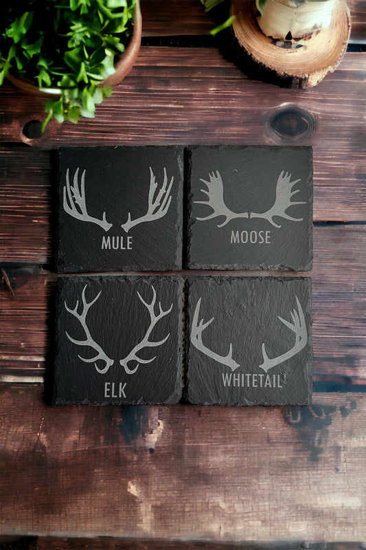 Four slate coasters each with a laser engraved design of mule, moose, elk, and whitetail deer antlers, on a wooden surface with plants in the background