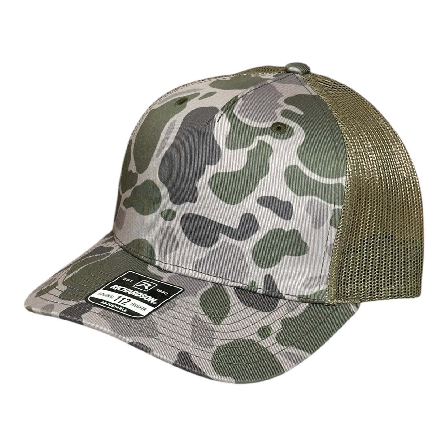 Marsh Duck camouflage green and gray trucker hat with mesh back and a visible brand logo label on a white background