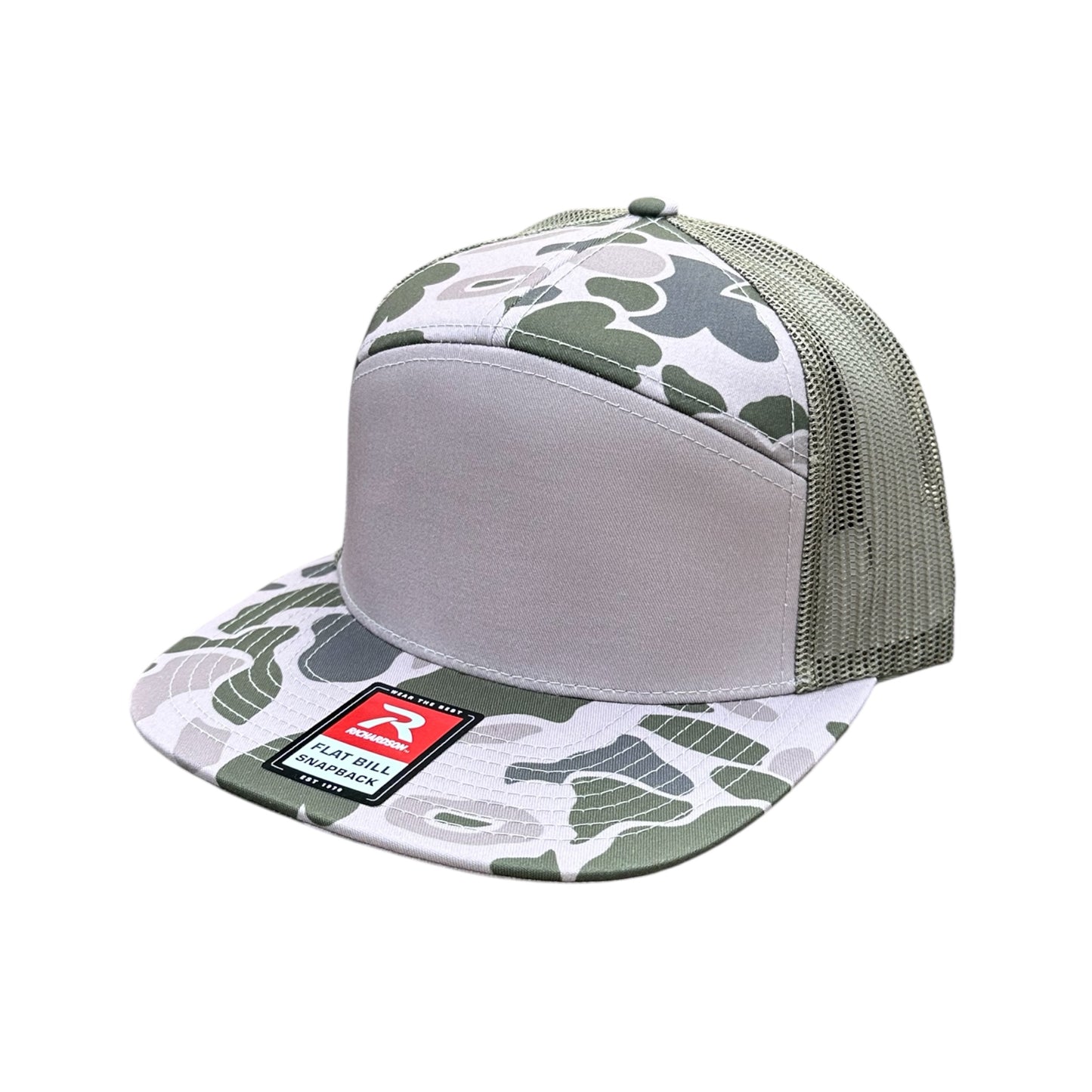 Marsh Duck camouflage gray and green trucker hat with a mesh back and a brand logo on a white background