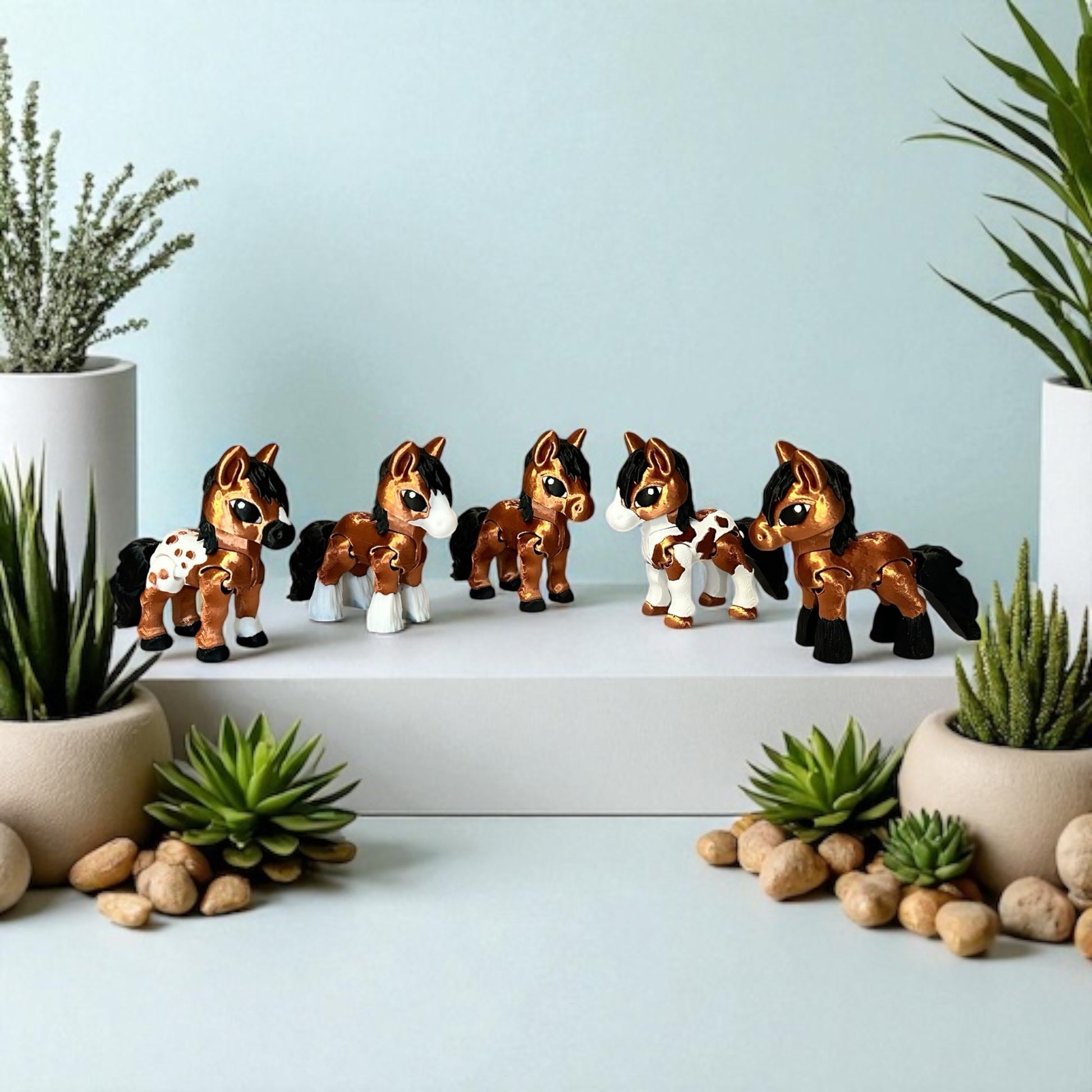 Set of five 3d printed toy horse figurines on a white surface with plants in the background
