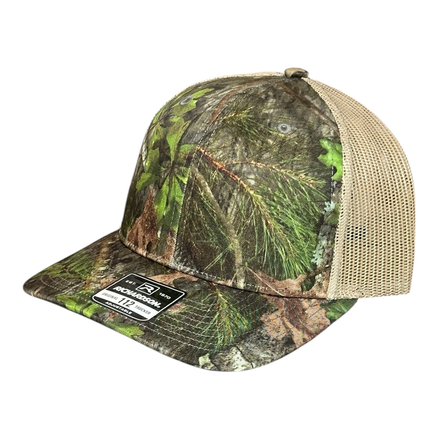 Camouflage trucker hat with mesh back and a visible brand logo label on a white background