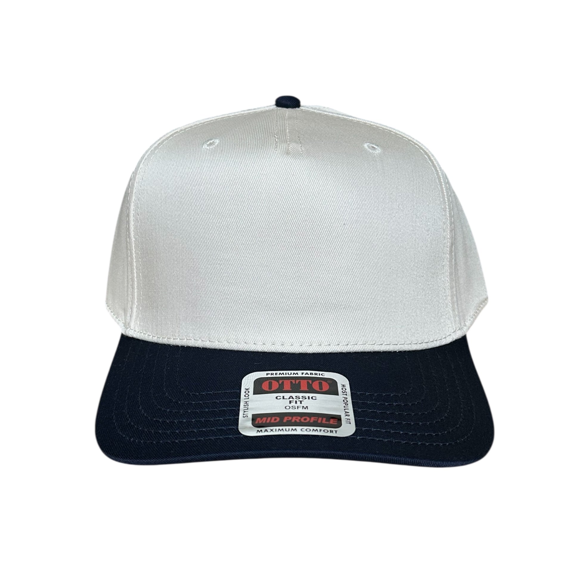 Two-tone cap with white top and dark navy brim with a visible brand label on a white background