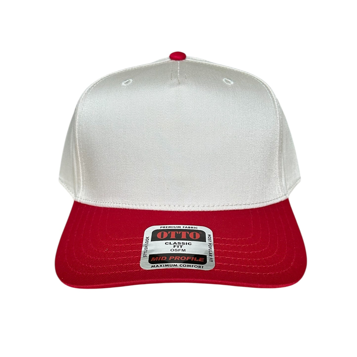 Two-tone cap with white top and red brim with a visible brand label on a white background