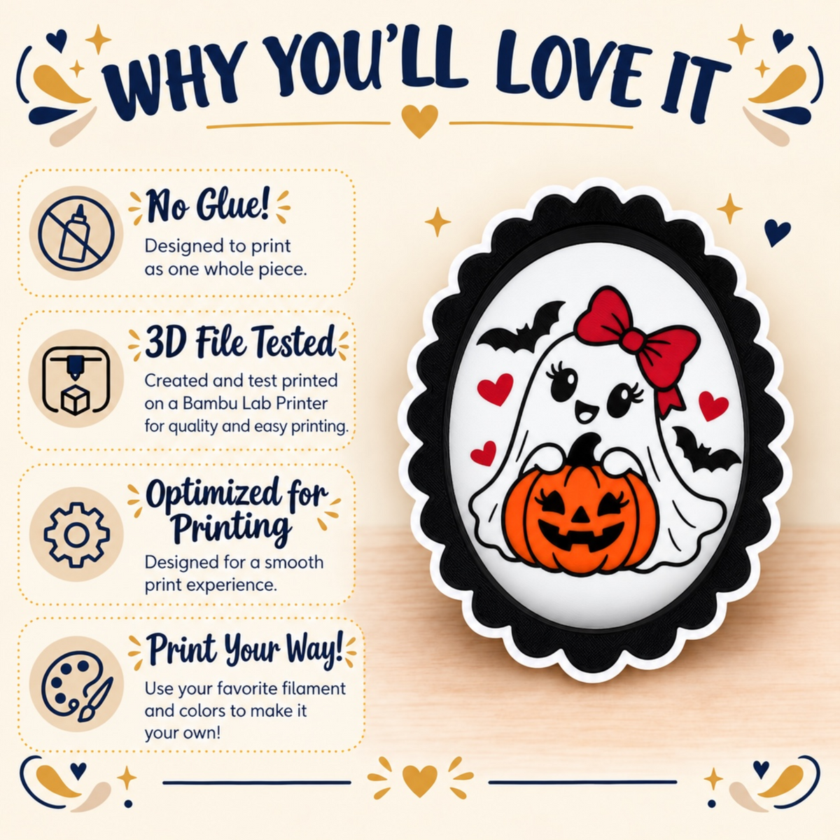 A promotional graphic for a scalloped-shaped trinket tray with a halloween print. The ghost illustration appears on the right, with four benefit callouts on the left reading 'No Glue!', '3D File Tested', 'Optimized for Printing', and 'Print Your Way!'.
