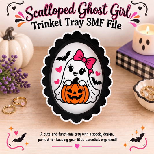 A Halloween-themed scalloped ghost-shaped ring tray shown on a wooden tabletop with decorative props. The tray has a black scalloped border and a white center featuring a cartoon ghost with a pink bow, holding an orange jack-o'-lantern, with pink hearts and black bats. In the top center is the words "Scalloped Ghost Girl Trinket Tray 3MF File". In the bottom center is the sentence "A cute and functional tray with a spooky design, perfect for keeping your little essentials organized!".