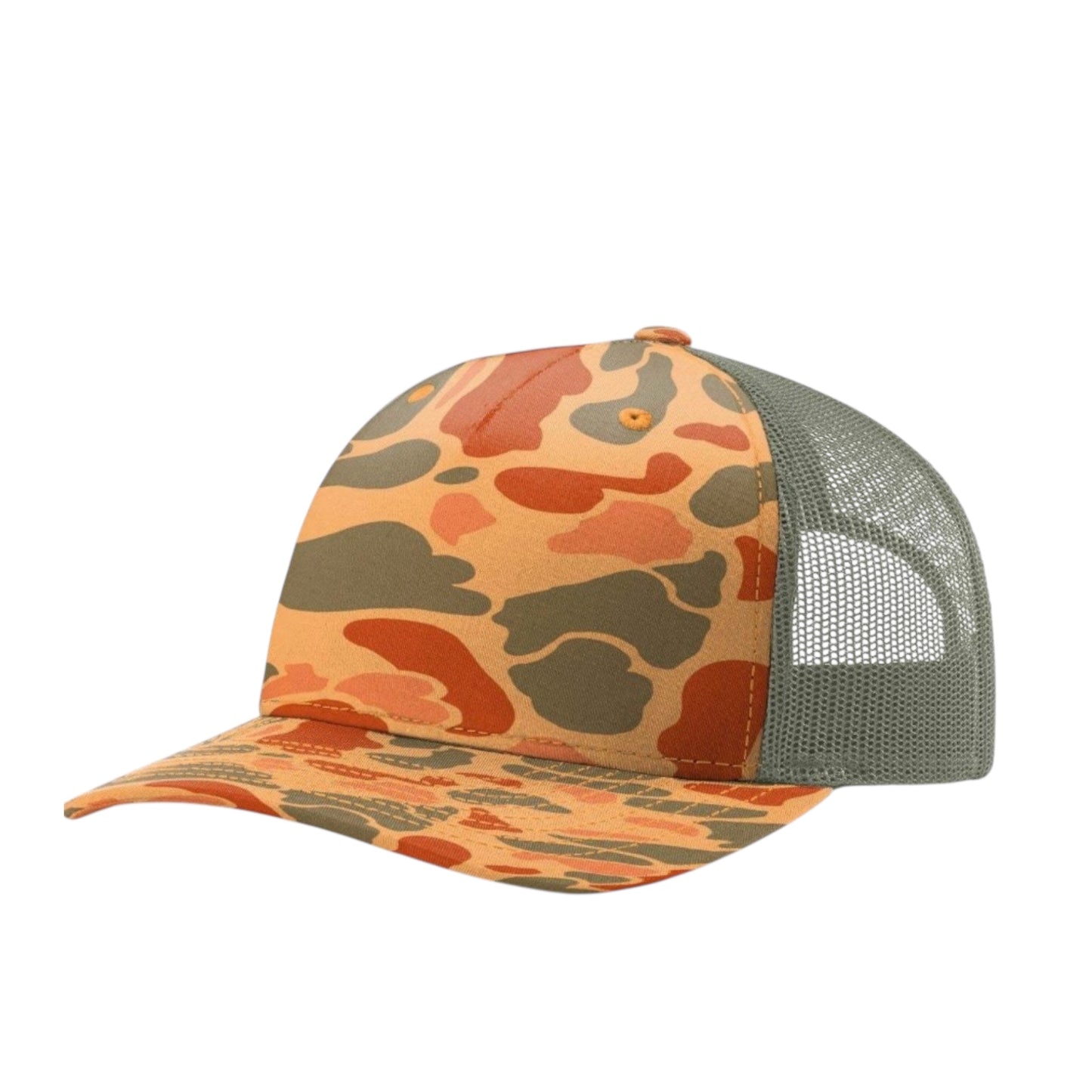 Orange and grey camouflage-patterned cap with a mesh back on a white background