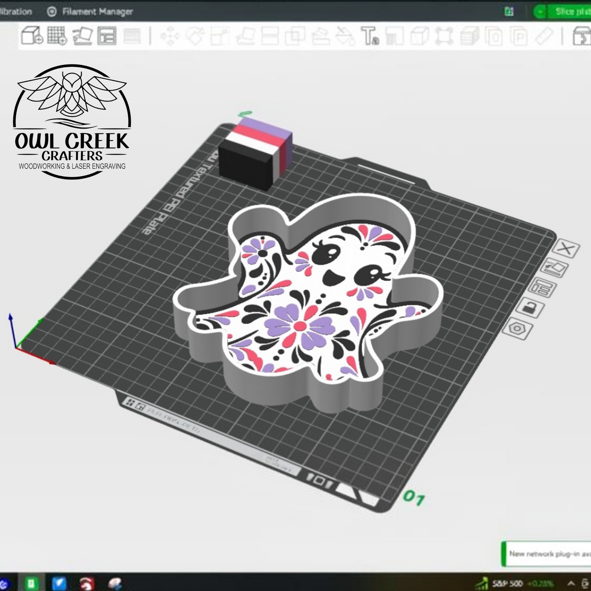 A 3D rendering of a ghost-shaped trinket tray with a colorful talavera pattern, shown on a 3D printing bed interface with the Owl Creek Crafters logo in the top left.