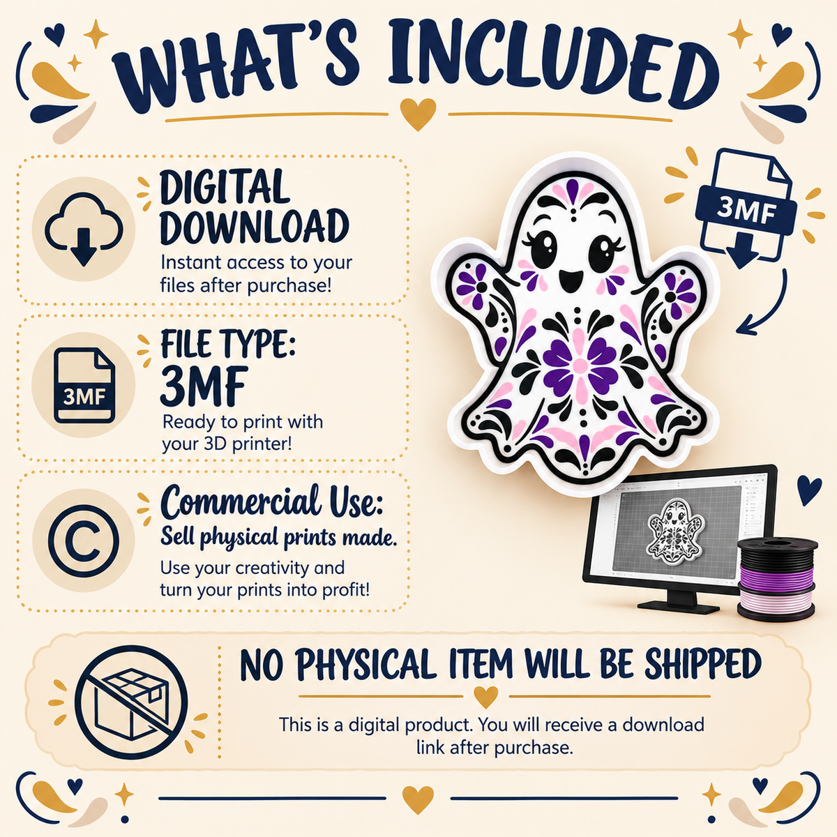 An informational graphic for a digital 3MF printable product, titled 'WHAT'S INCLUDED'. It features a cute ghost illustration decorated with purple and pink floral patterns.