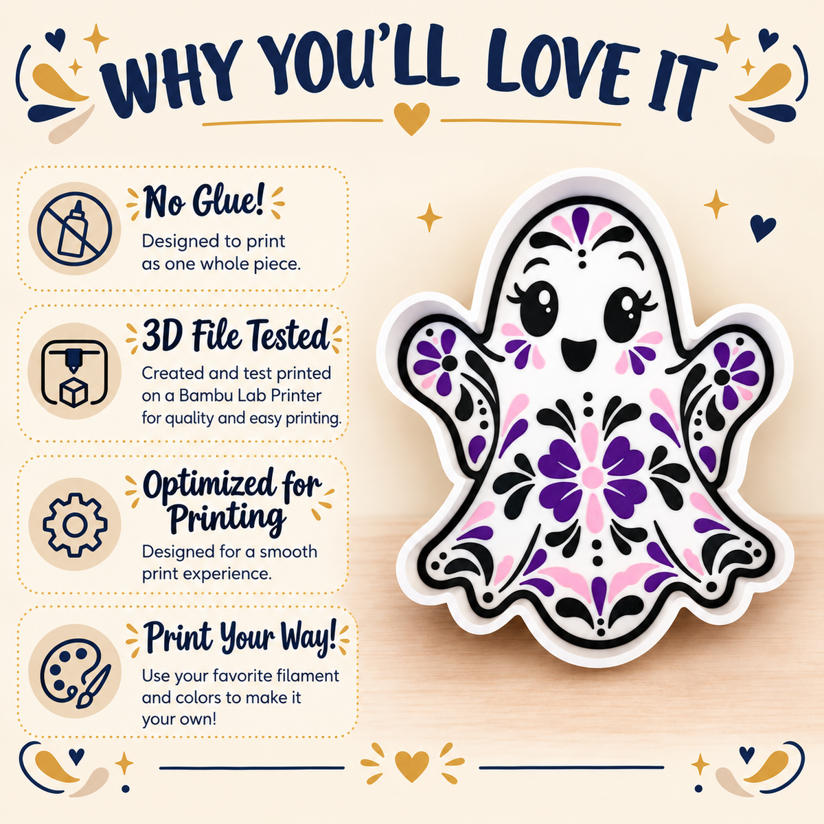 A promotional graphic for a ghost-shaped trinket tray with a talavera print. The ghost illustration appears on the right, with four benefit callouts on the left reading 'No Glue!', '3D File Tested', 'Optimized for Printing', and 'Print Your Way!'.